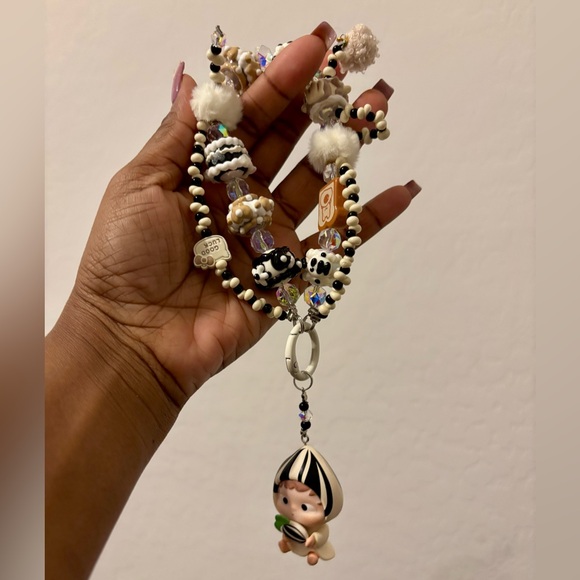 Black and Cream Custom Beaded Keychain with Cute Doll Charm - Picture 1 of 1